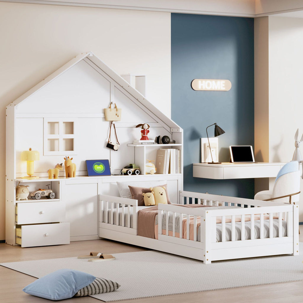 Twin Size House Bed with Window and Bedside Drawers, Platform Bed with Shelves and a set of Sockets and USB Port, White(OLD SKU:
LT000422AAK)