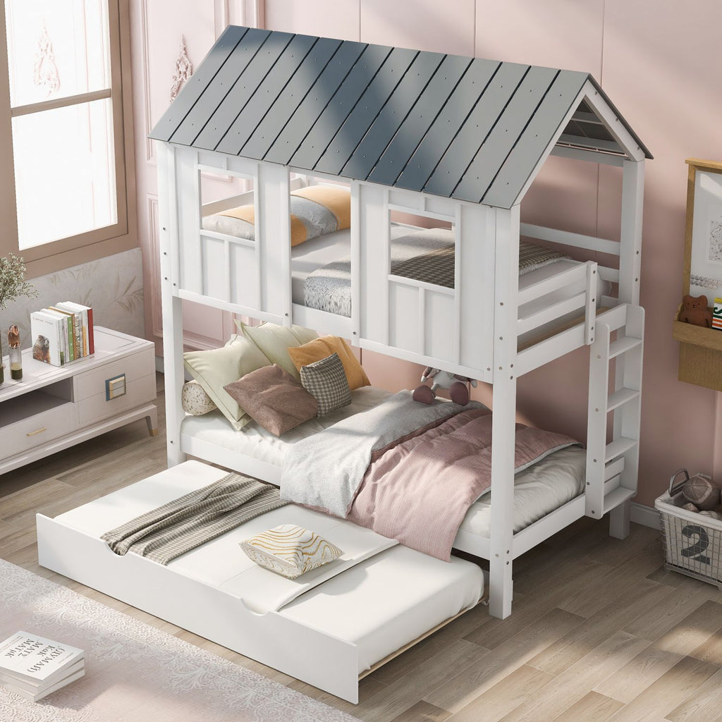 Twin Size House Bunk Bed with Trundle,Roof and Windows,White+Grey(OLD SKU:GX000705AAK-1)
