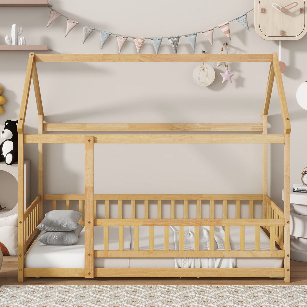 Twin Size House Floor Wooden Bed with Roof Frame,Safety Guardrails,Natural