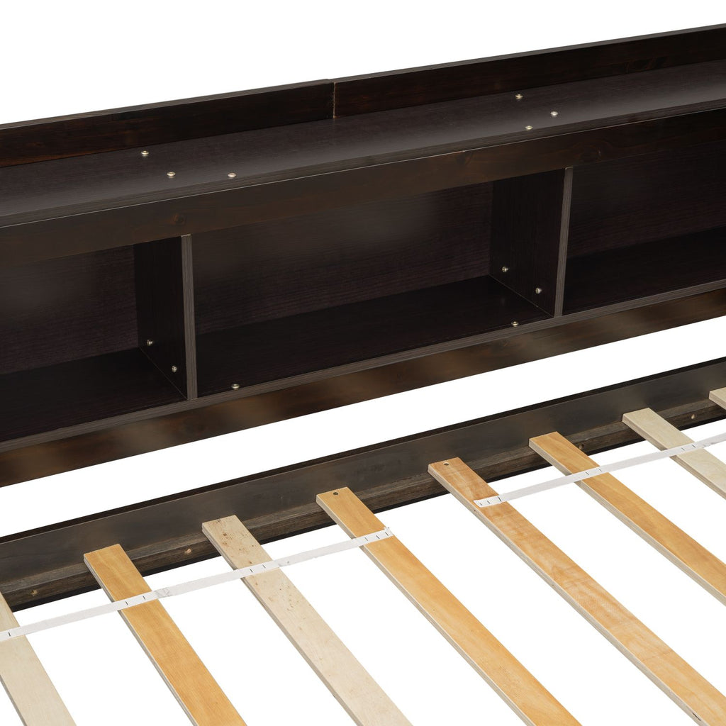 Twin Size L-shaped Bookcases Bed with Power Outlets, USB Charging Ports,Two Drawers,Espresso