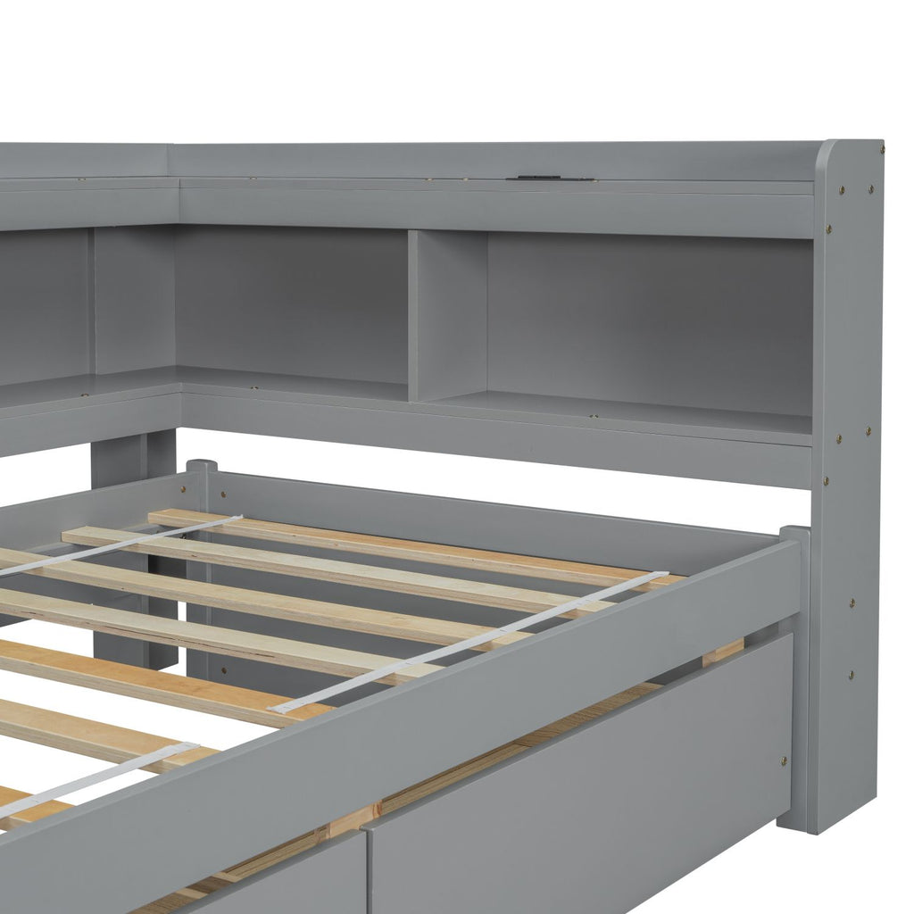 Twin Size L-shaped Bookcases Bed with Power Outlets, USB Charging Ports,Two Drawers,Grey