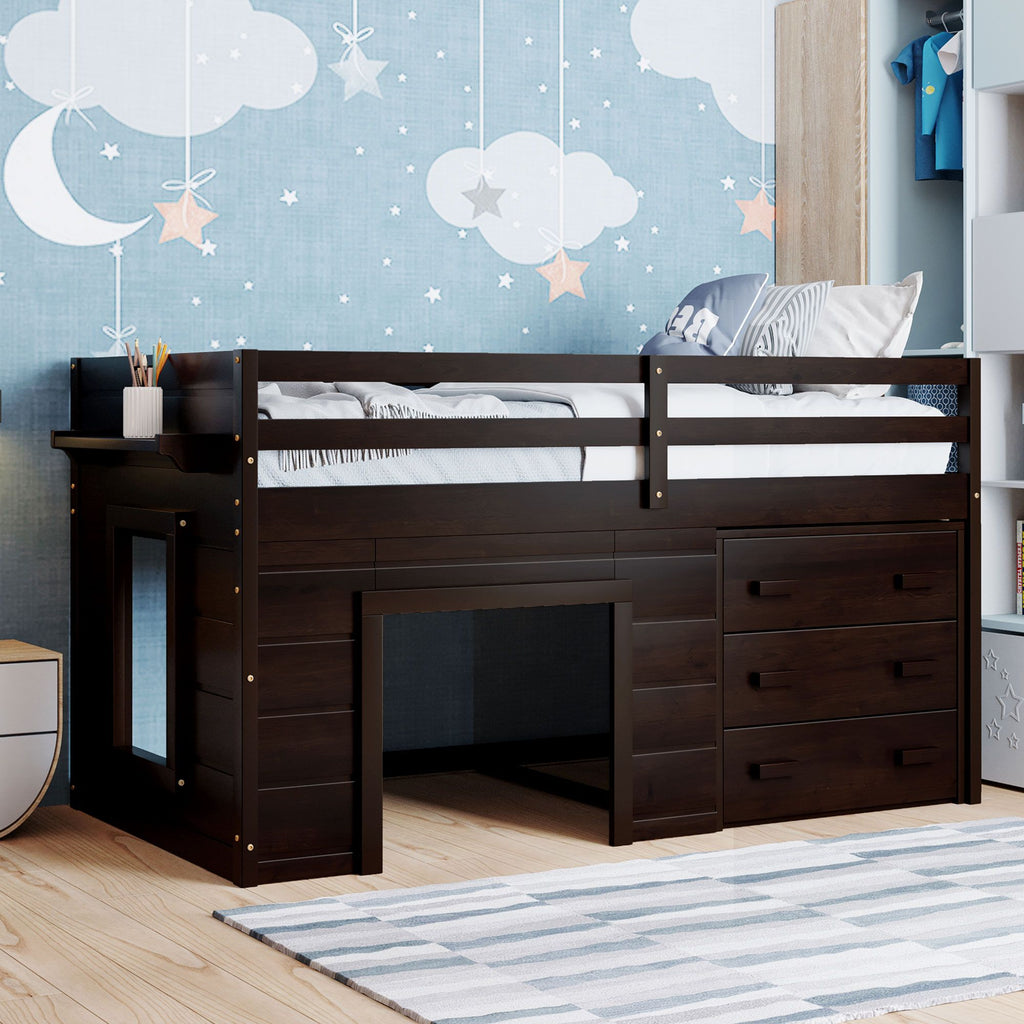 Twin Size Loft Bed with Cabinet and Shelf - Espresso (OLD SKU:LP000501AAP)