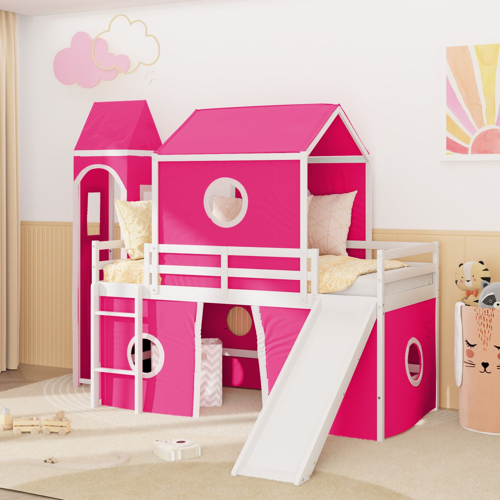 Twin Size Loft Bed with Slide Pink Tent and Tower - Pink (OLD SKU:WF532001AAH)
