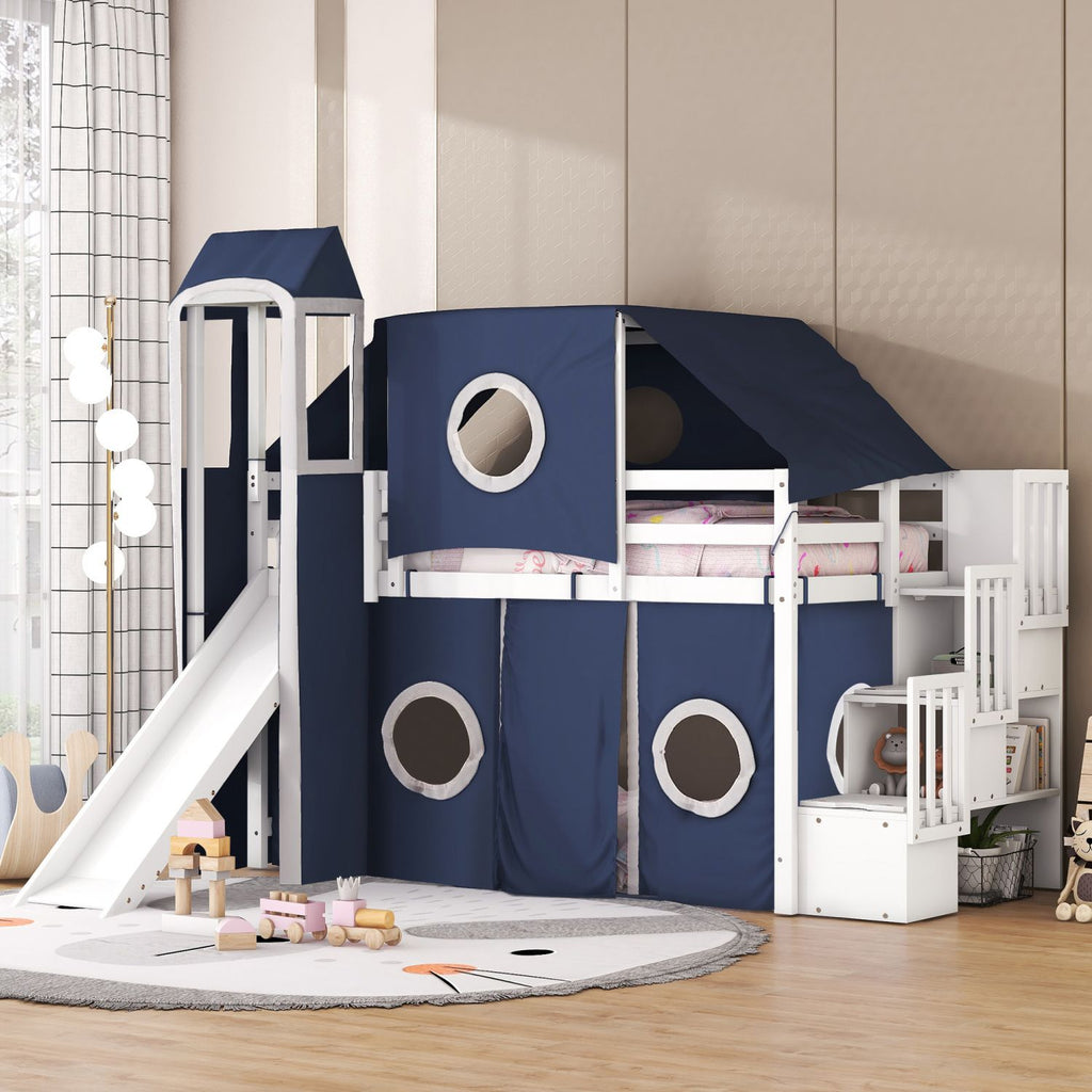 Twin Size Loft Bed with Tent and Tower - Blue