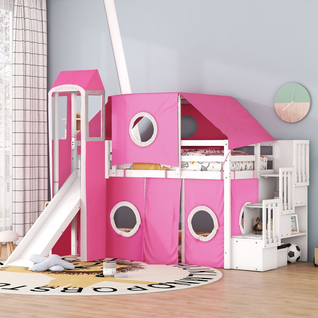 Twin Size Loft Bed with Tent and Tower - Pink