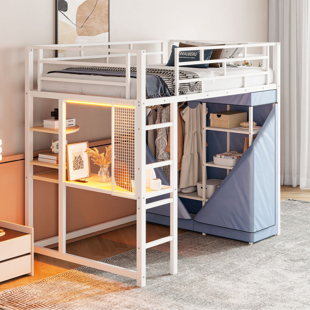 Twin Size Loft Metal Bed with Desk,Shelves,Power Outlet,LED Light and Wardrobe, White