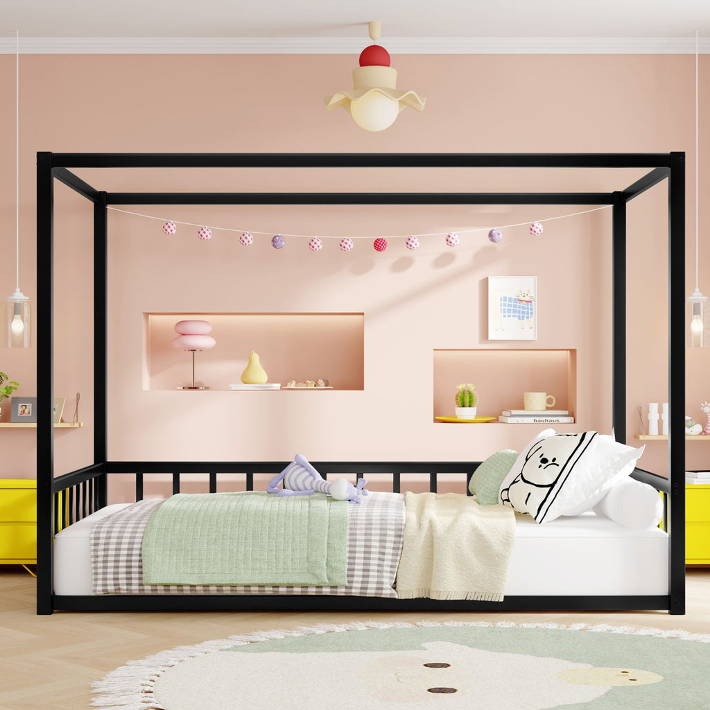 Twin size sunshade floor bed, iron double-size bed frame, modern low-profile double-size bed, equipped with fence-style guardrails, black series