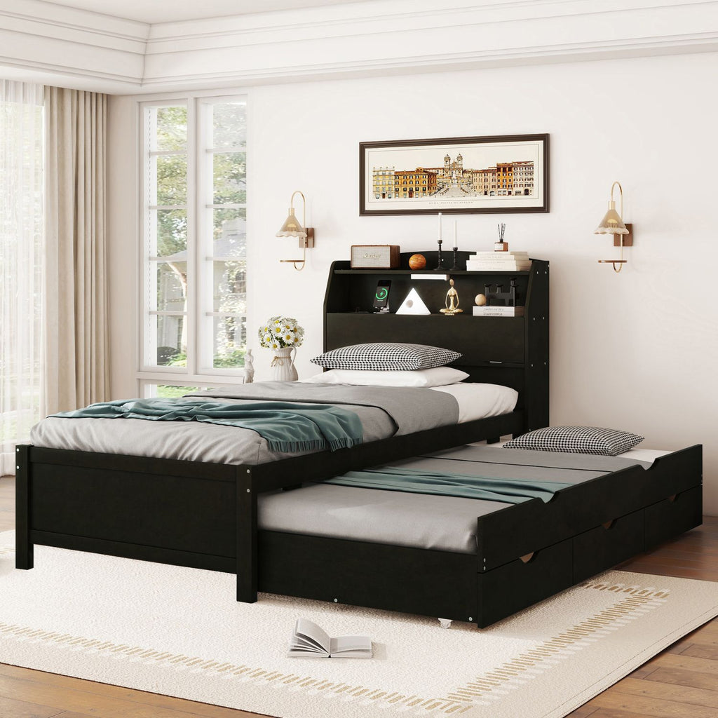 Twin Size Wooden LED Platform Bed with Trundle, with Storage Headboard, with Drawers, Espresso(Old SKU: N820S00008D)