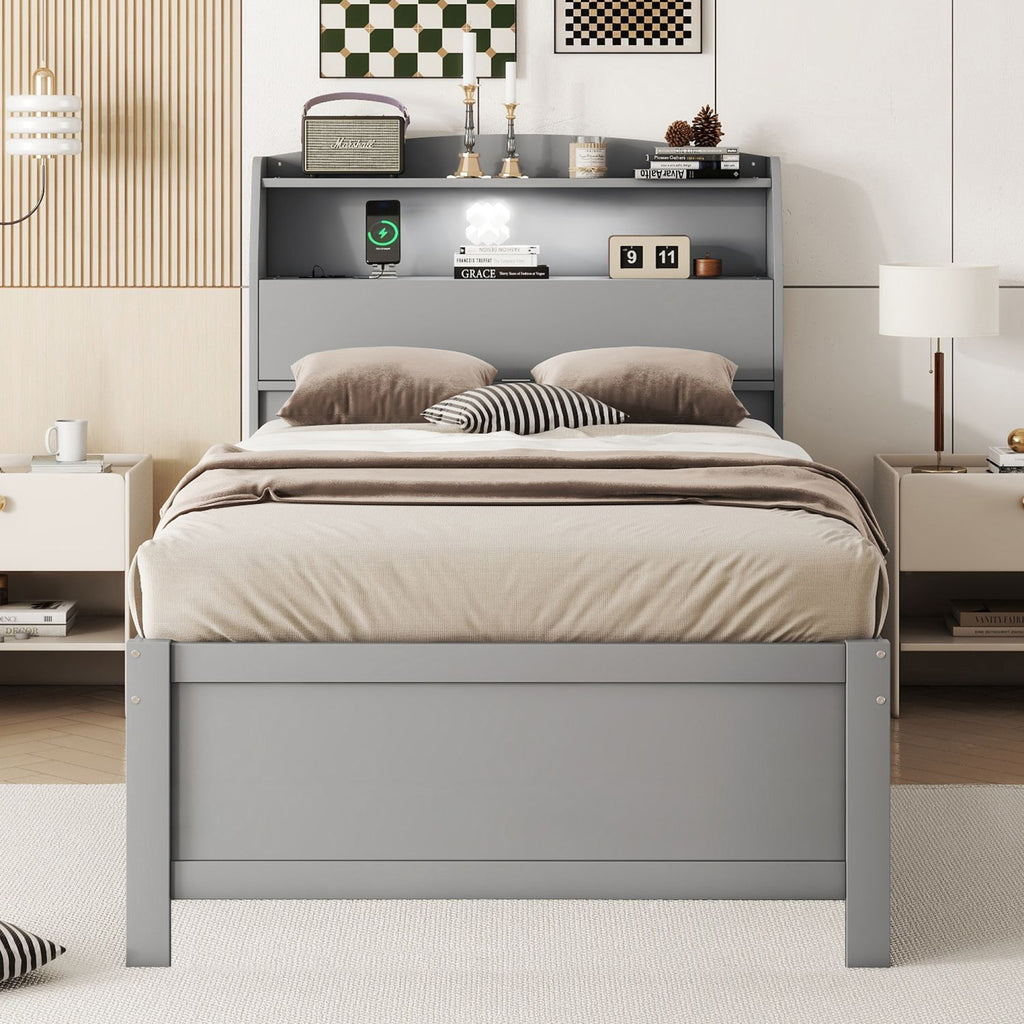 Twin Size Wooden LED Platform Bed with Trundle, with Storage Headboard, with Drawers, Gray(Old SKU: N820S00008E)