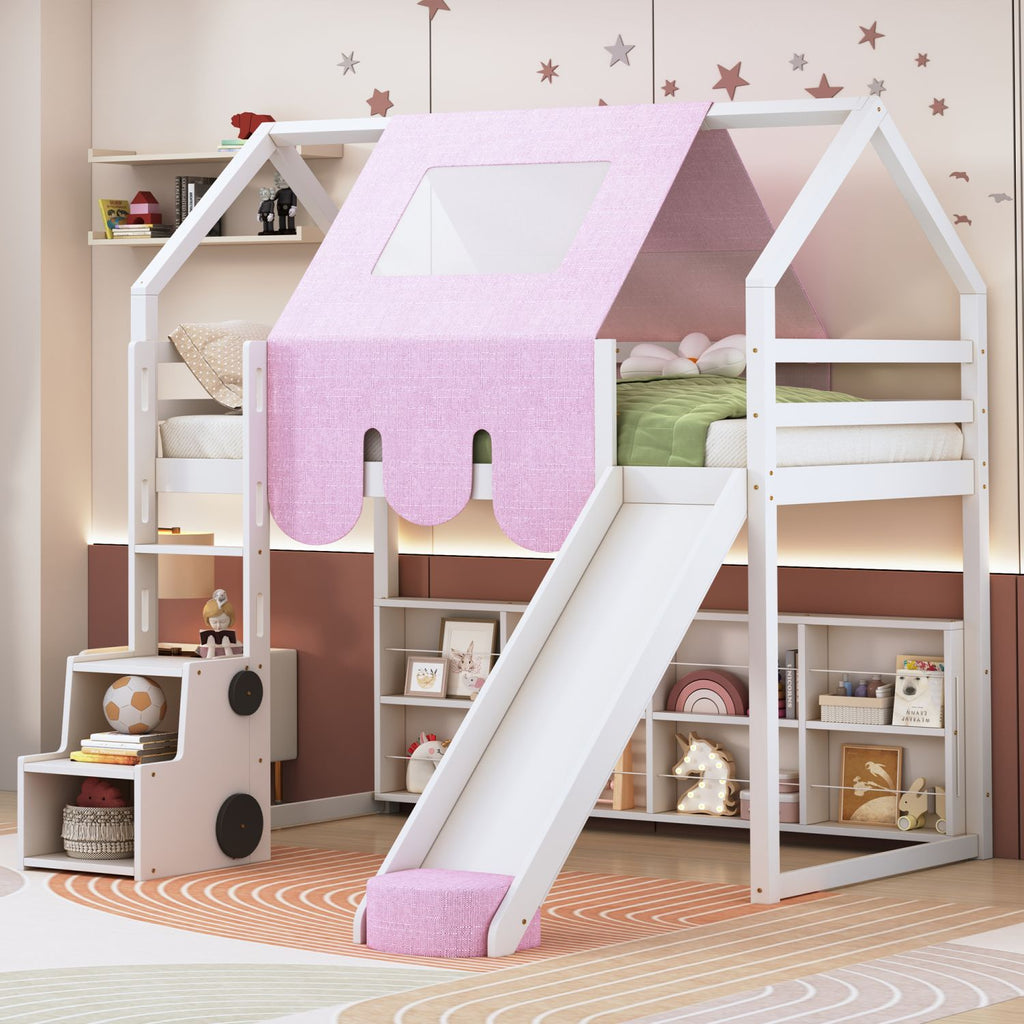 Twin size Wooden Loft Bed House-shaped Frame with a Tent, White+Pink
