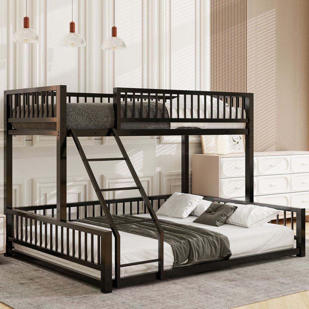 Twin XL over Queen Floor Bunk Bed Frame with Ladder and Safety Guardrails, Easy Assemble, Black