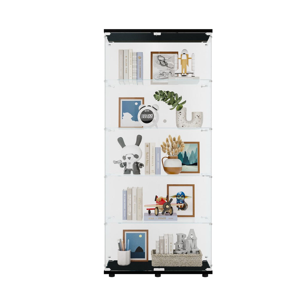 Two Door Glass Cabinet Glass Display Cabinet with 5 Shelves, Black