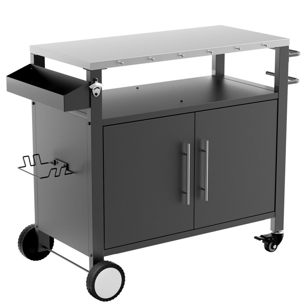 Two Doors Outdoor Grill Cart with Patio Furniture, Outdoor Grill Table with Storage,Rolling Bar Cart Outdoor BBQ Cart with Hooks and Spice Rack for Grilling Accessories, Black