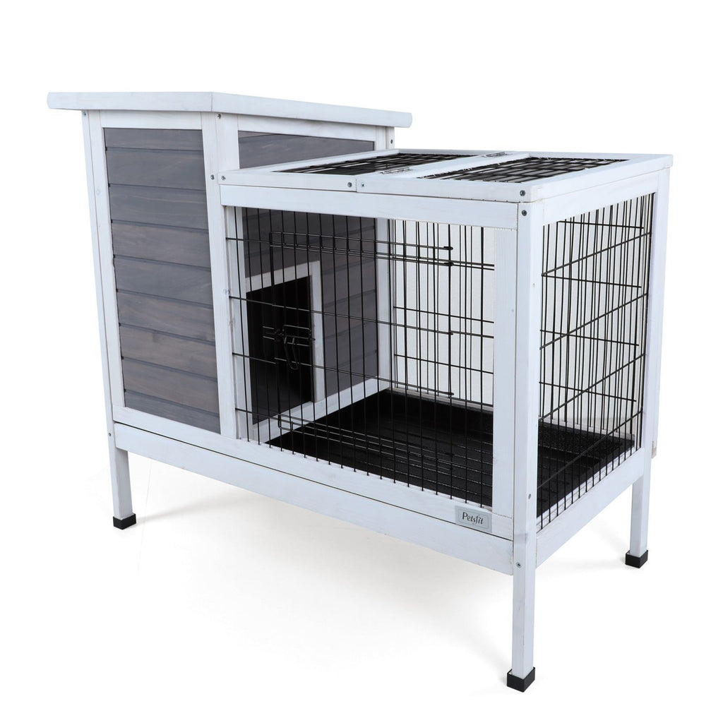Two-Tier Wooden Rabbit Cage Outdoor Indoor for Small Animals with Runway and Leak-Proof Plastic Tray,Grey