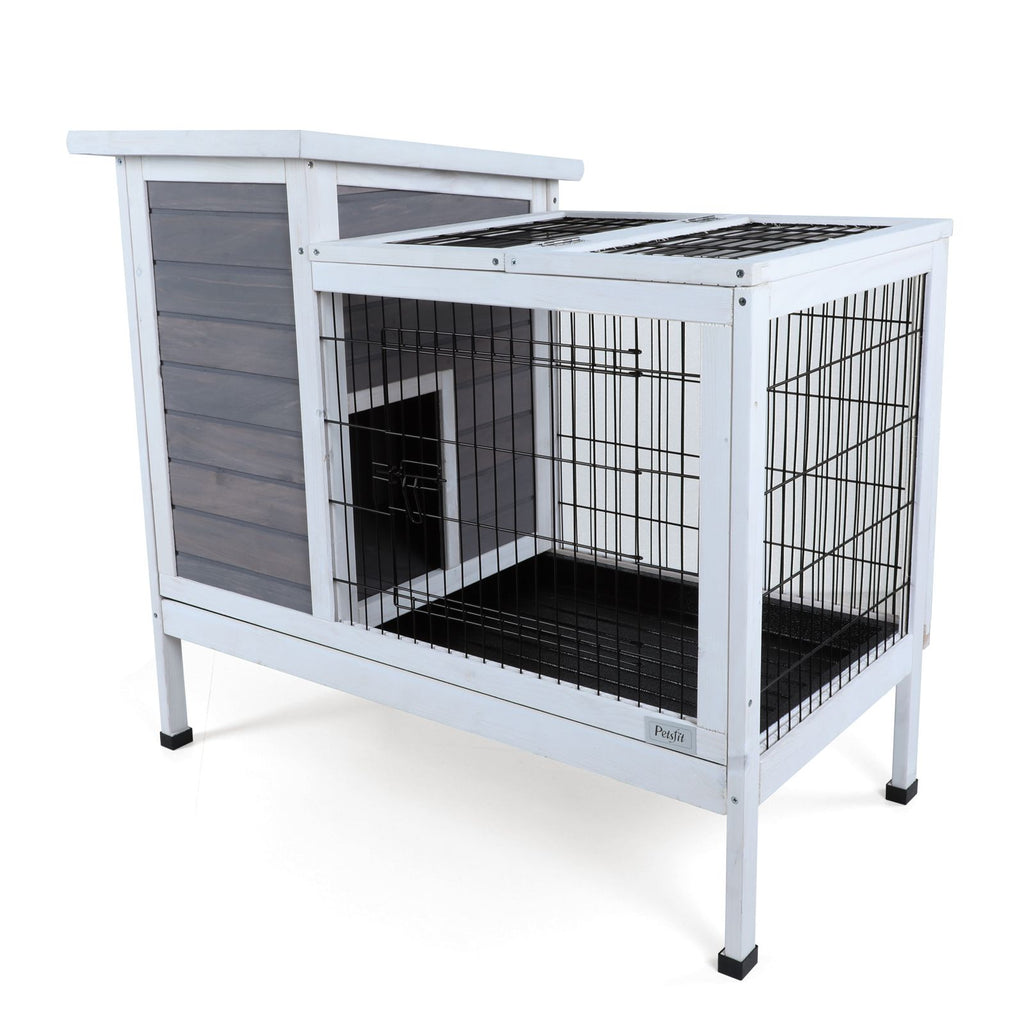 Two-Tier Wooden Rabbit Cage Outdoor Indoor for Small Animals with Runway and Leak-Proof Plastic Tray,Grey
