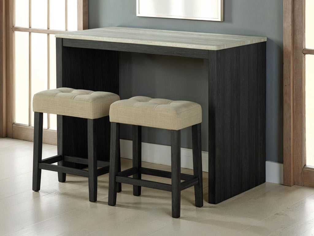 Two-Tone Design Black Dining Table 2x Stools Biscuit-Tufted Seat Cushion Beige 3pc Dining Table Set