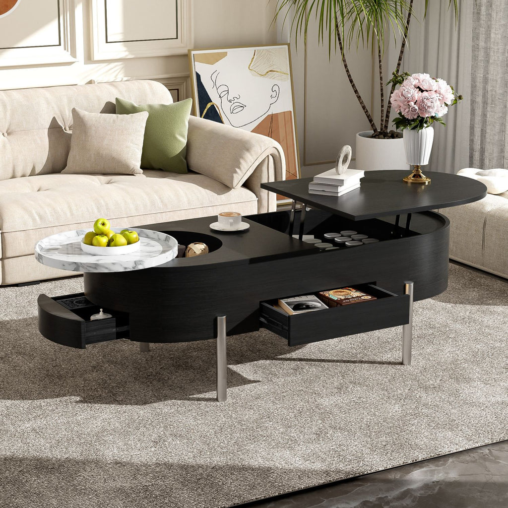 U-Can 47.2''Lift Top Coffee Table with 360-degree Marble-patterned rotating tray,Hidden Compartment, Partially Assembled Wooden Center Table, Modern Oval Lift Tabletop for Home Living Room