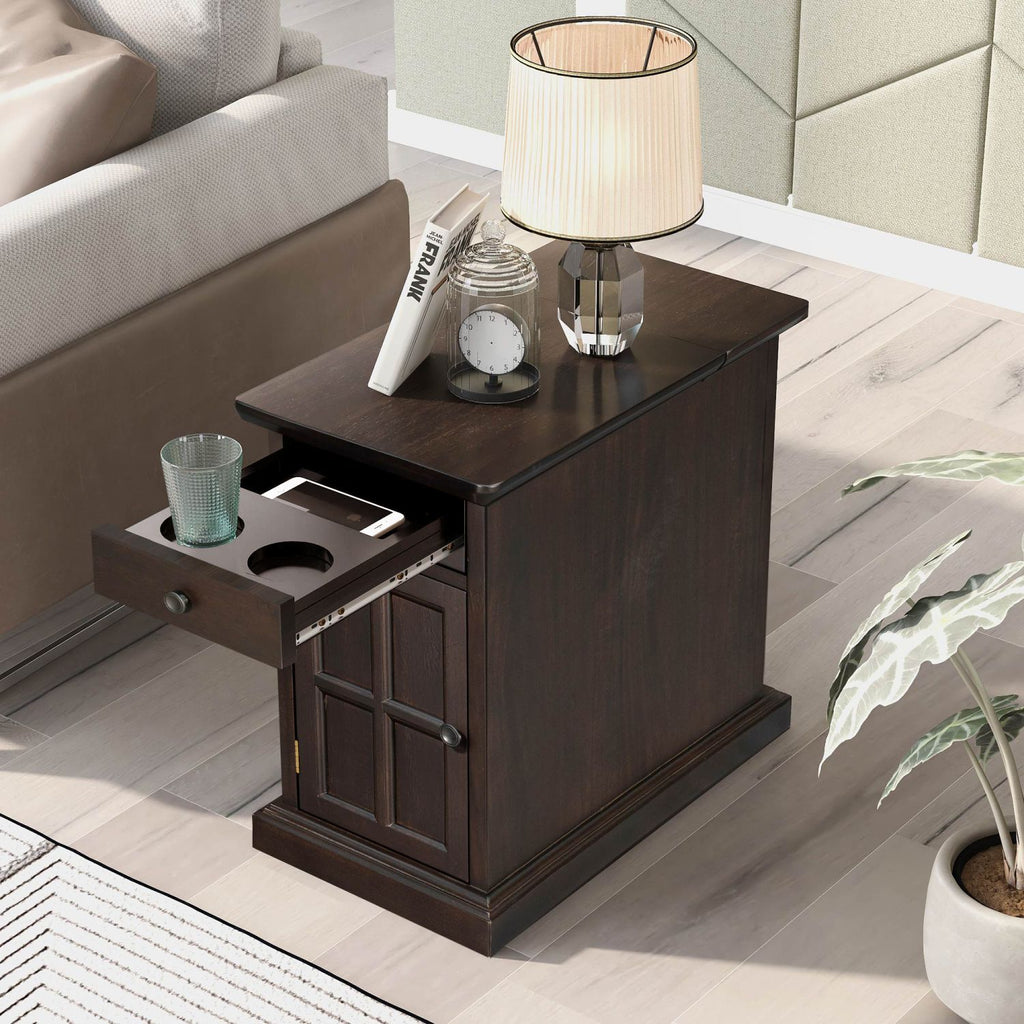 U-Can Classic Vintage Livingroom End Table Side Table with USB Ports and One Multifunctional Drawer with cup holders, Antique Espresso (Old SKU: WF296294AAP)
