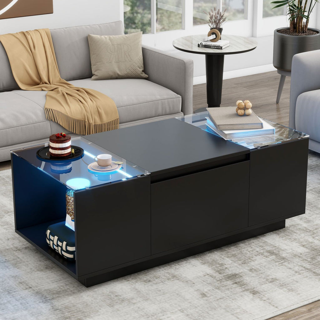 U-Can Led Coffee Table, Modern Center Table with High-Gloss Finish and Glass Tabletop, Coffee Table with Open Storage Compartment and 2 Hidden Drawers for Living Room