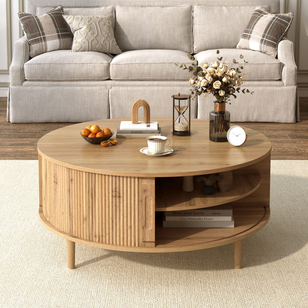 U-Can Minimalist Round Lift-Top Coffee Table with Hidden Storage, Sliding Door, Pine Legs, and Wood Wave Finish
