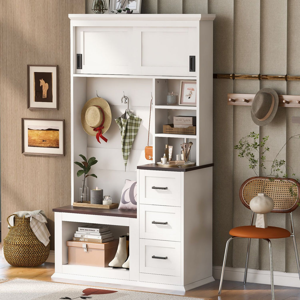 U-Can Modern Entryway Bench with Coat Rack, 3 Shelves and Drawers, 3 Sturdy Hooks, 40.2'' Wide Hall Tree with Storage Bench for Hallway, Entryway, Living Room