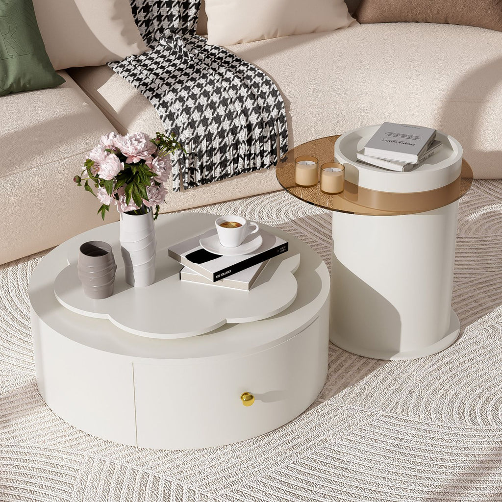 U-Can Modern Round Coffee Table Set of 2 , 360-Degree Rotatable Flower-shaped Top with 2 Drawers, Top Circle Side Table End Table with Glass for Living Room