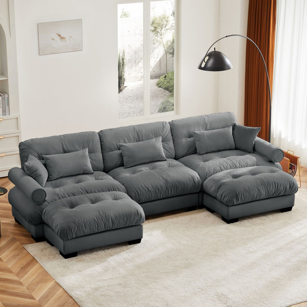 U Shape Modular Sectional Sofa Couch with Two Movable Ottomans, Modern 3 Seat Corner Sofa With Waist Pillows, Throw Pillows and Blostered Armrests, Convertible L Shaped Couch for Living ,Grey