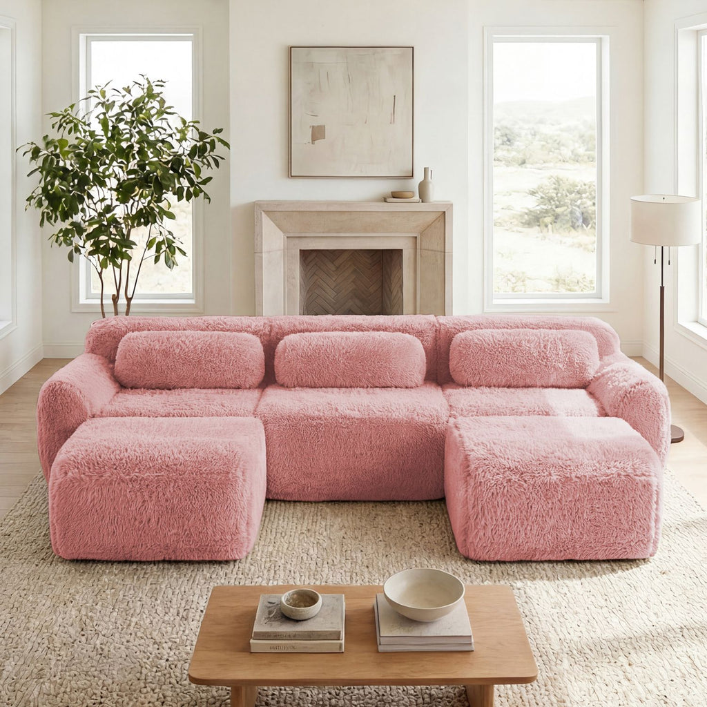 U-shaped Boneless Sofa 32D High Density Sponge Bottom Anti-Slip Design With Chaise Free Combination Full-compression Vacuum Packaging Deep Seat Design For Bedroom,Study,And Home Theater,Pink