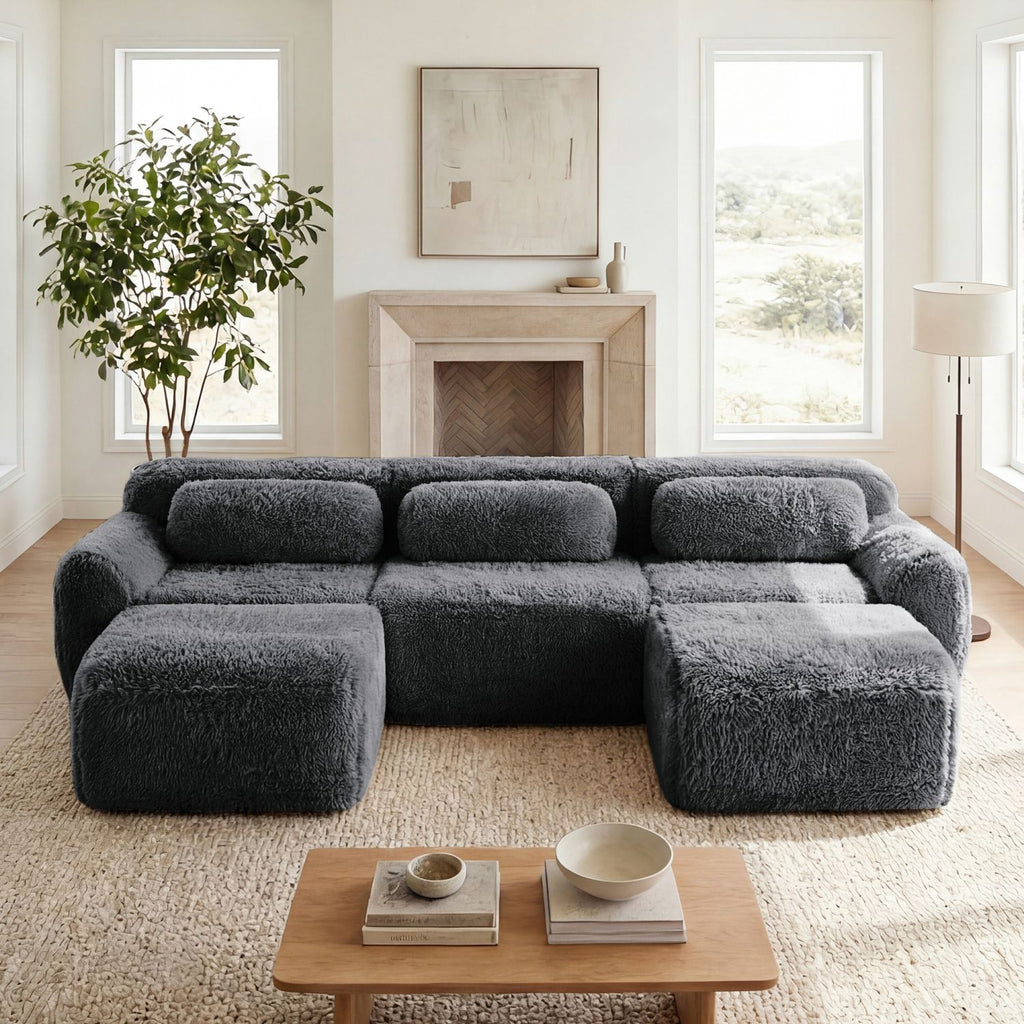U-shaped Boneless Sofa 32D High Density Sponge Bottom Anti-Slip Design With Chaise Free Combination Full-compression Vacuum Packaging Deep Seat Design For Bedroom,Study,And Home Theater,Dark Grey
