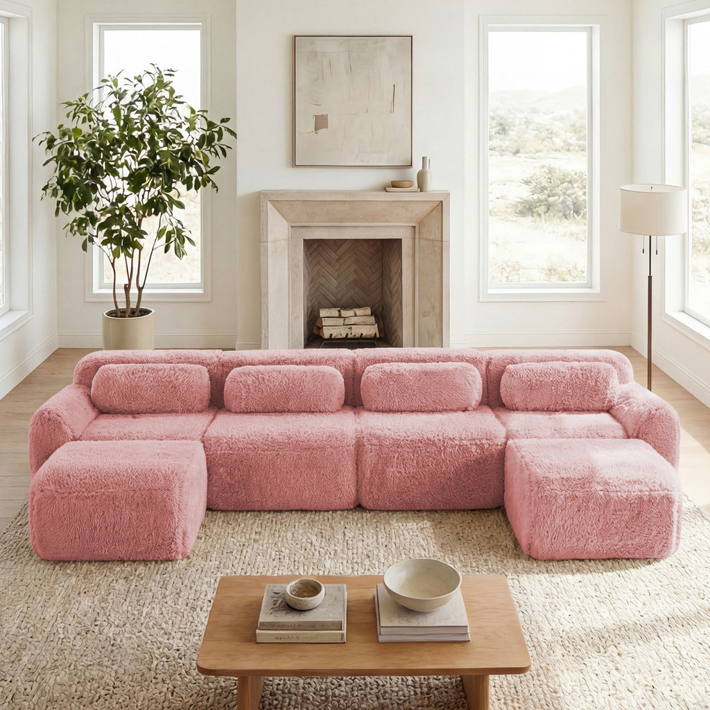 U-shaped Boneless Sofa,32D High Density Sponge Bottom,Anti-Slip Design,No Assembly Required Ergonomic Design,Free Combination Full-compression Vacuum Packaging,For Living Rooms,Chcolate,Pink