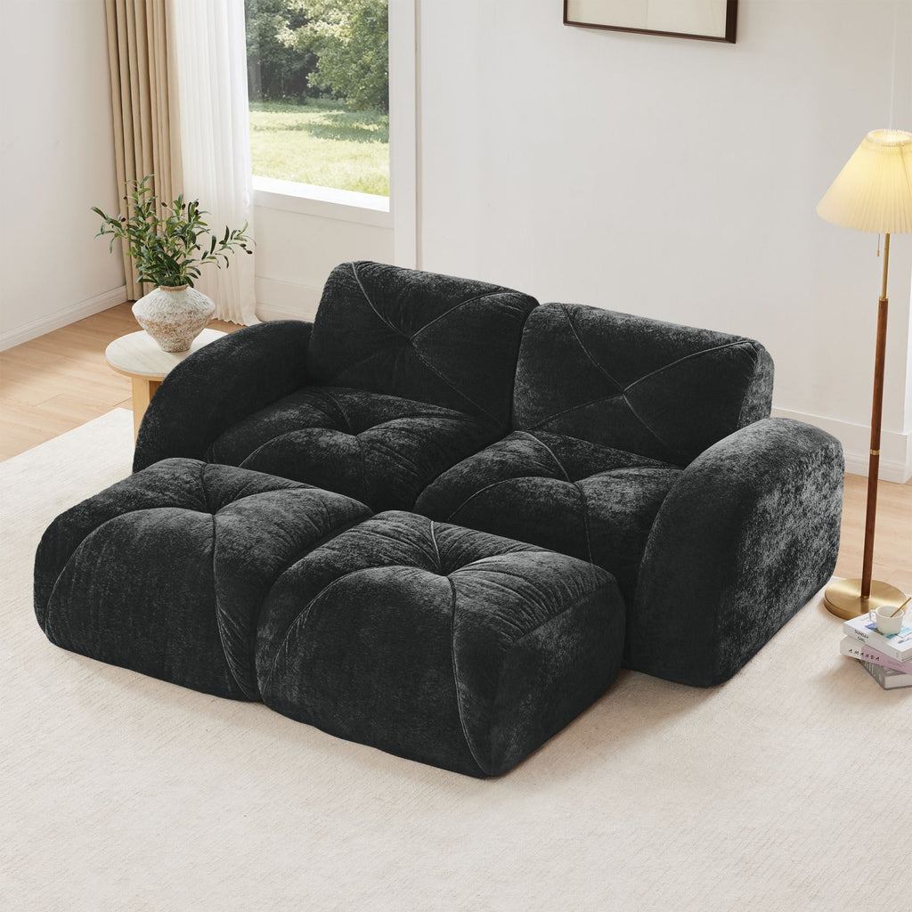 U-shaped Boneless Sofa,Soft Velvet Fabric,Tufted Design,32D High Density Sponge,No Assembly Required,Ergonomic Design Bottom, Anti-Slip Design,Movable Ottomans For Bedrooms,Black