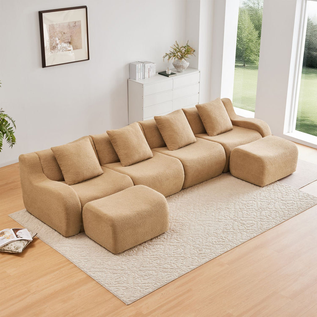 U-Shaped Boneless Sofa,Teddy Fabric No assembly required Curved armrest,Anti-slip Design,Streamlined Design 32D High Density Sponge,Full Compression Vacuum Packag,For Studies living Rooms,Camel