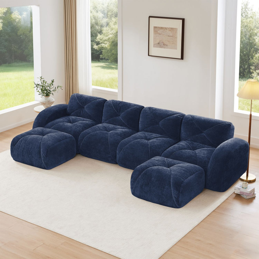 U-shaped Boneless Sofa,Tufted Design,32D High Density Sponge Bottom,Anti-Slip Design,No Assembly Required,Free Combination,Movable Ottomans For Living Rooms,Home Theater,Blue