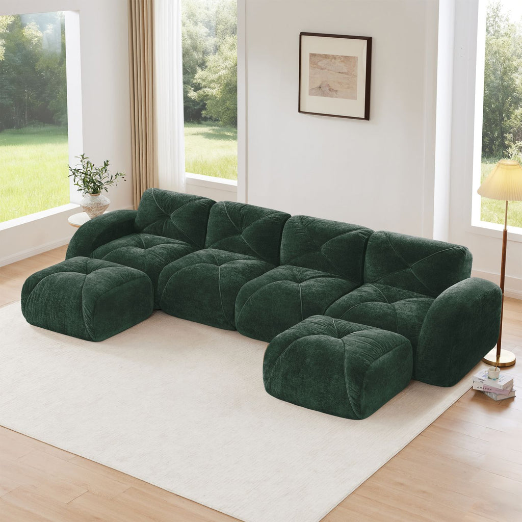 U-shaped Boneless Sofa,Tufted Design,32D High Density Sponge Bottom,Anti-Slip Design,No Assembly Required,Free Combination,Movable Ottomans For Living Rooms,Home Theater,Green