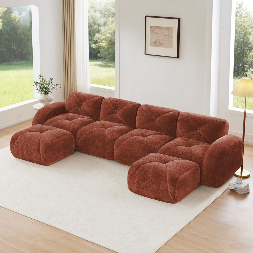 U-Shaped Boneless Sofa,Tufted Design,32D High Density Sponge Bottom,Anti-Slip Design,No Assembly Required,Free Combination,Movable Ottomans For Living Rooms,Home Theater,Red Brown