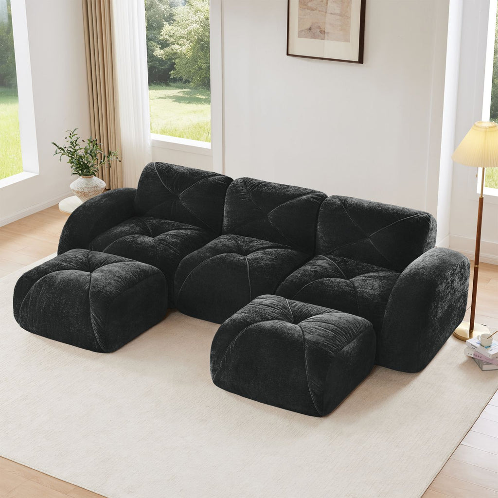 U-shaped Boneless Sofa,Tufted Design,32D High Density Sponge,Bottom Anti-Slip Design,No Assembly Required Bottom,Free Combination,Movable Ottomans For Study And Home Theater, Black