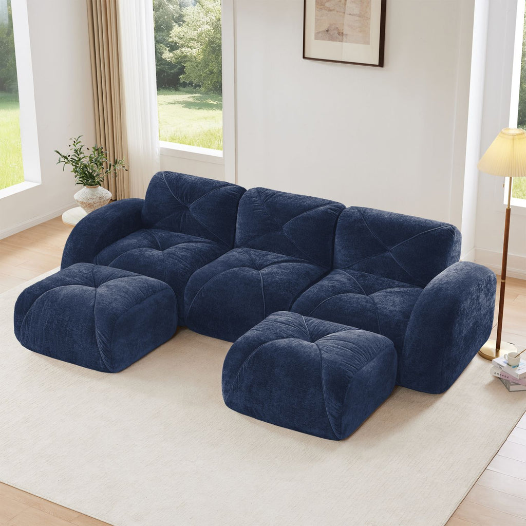 U-shaped Boneless Sofa,Tufted Design,32D High Density Sponge,Bottom Anti-Slip Design,No Assembly Required Bottom,Free Combination,Movable Ottomans For Study And Home Theater, Blue
