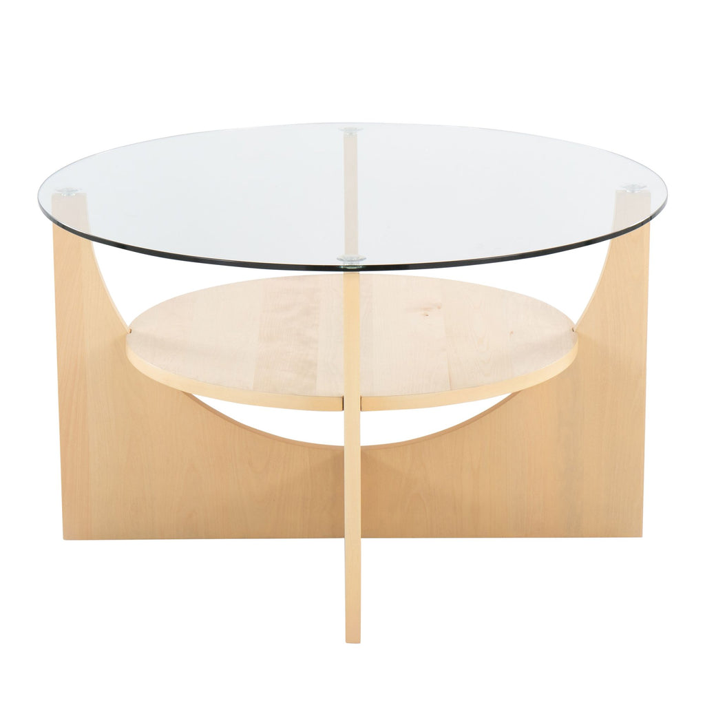 U-Shaped Contemporary Coffee Table in Natural Wood and Clear Glass