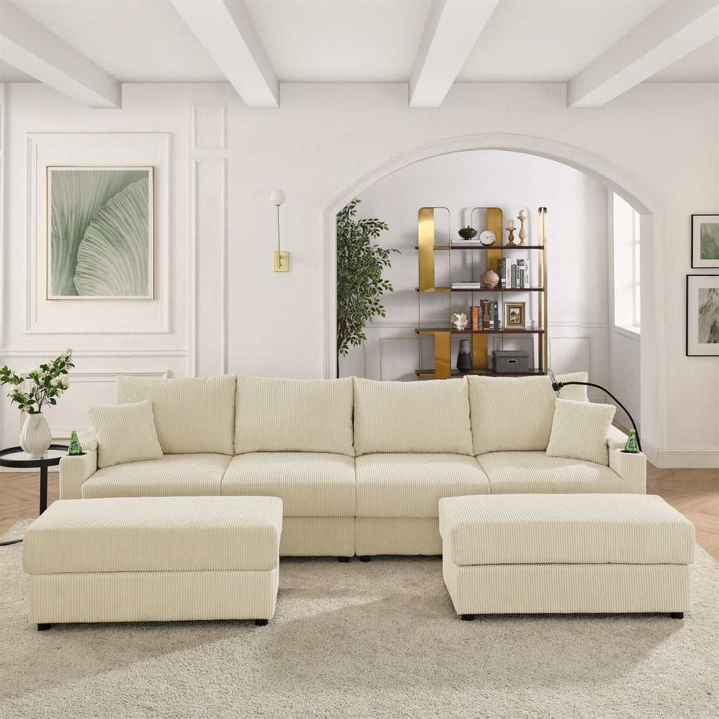 U-Shaped Couch Modern 4 seats Sofa Chair with Storage, with 2 Ottomans, Deep Seat Sofa with Cup Holders & Phone Holder Charging Ports, Beige Corduroy Couch for Living Room