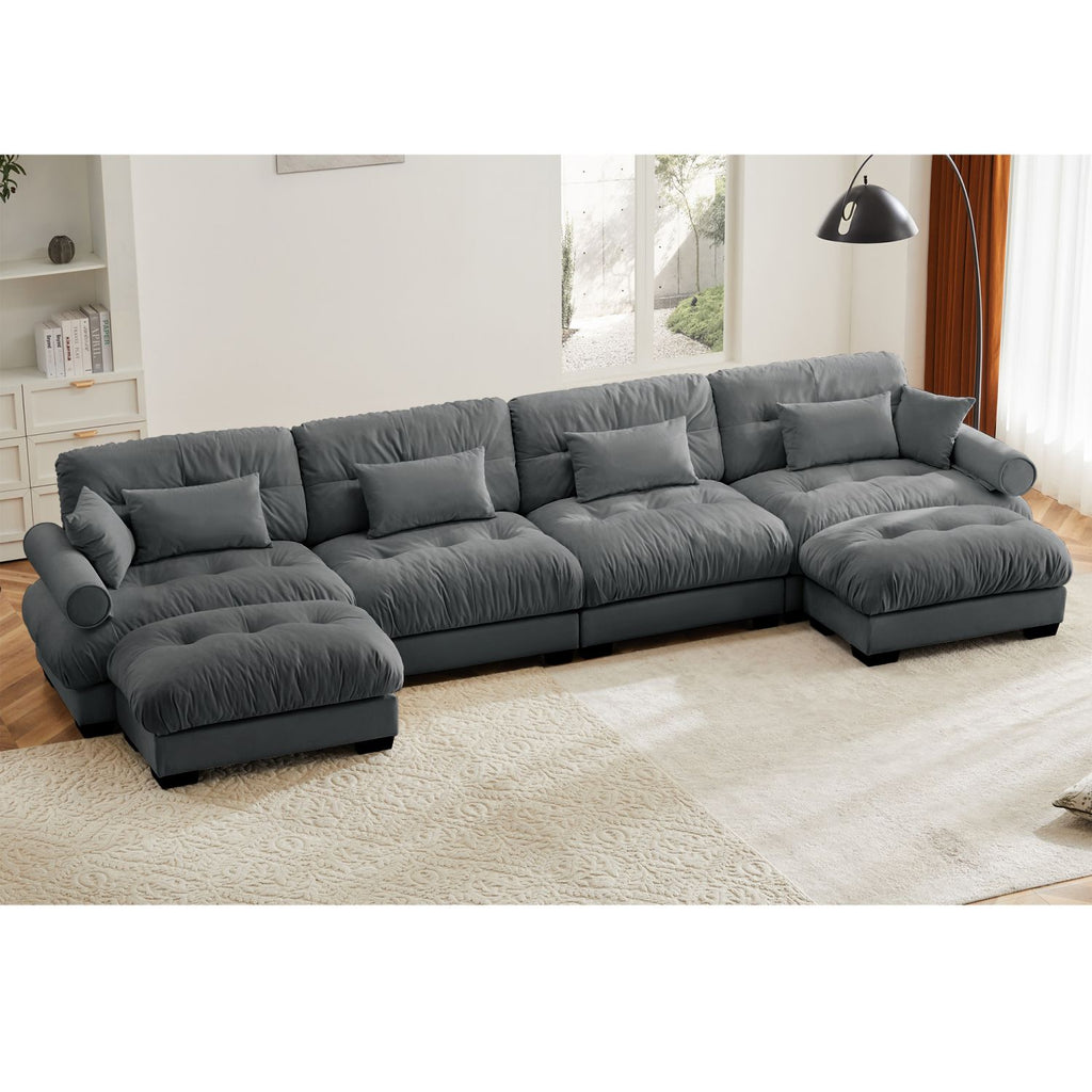 U Shaped Sectional Sofa Cloud Couch with Movable Ottomans,Convertible Deep 4 Seater Modern Velvet Comfy Upholstered Corner Couch with Blostered Armrests, Waist Pillow and Throw Pillows,Grey