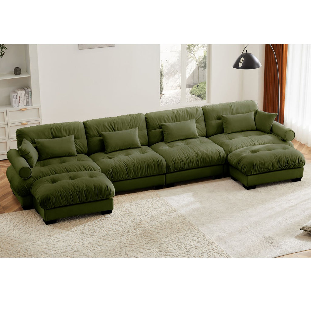 U Shaped Sectional Sofa Cloud Couch with Movable Ottomans,Convertible Deep 4 Seater Modern Velvet Comfy Upholstered Corner Couch with Blostered Armrests, Waist Pillow and Throw Pillows,Olive green
