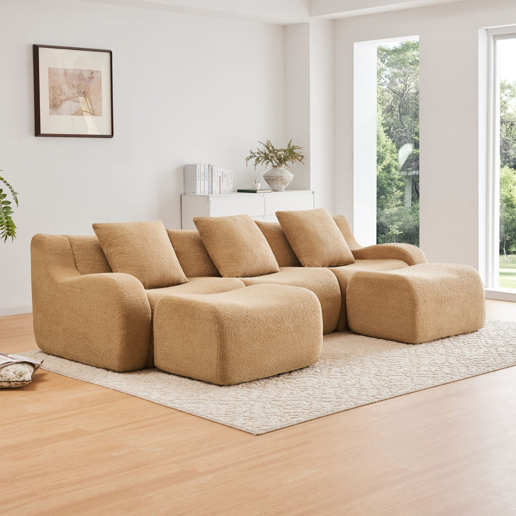 U-shaped Soft Teddy Fabric Boneless Sofa, Assembly Chaise,No Assembly Required Curved Armrest,Anti-Slip Design 32D High Density Sponge Streamlined Design,Fits Living Rooms Reading Nook,Camel