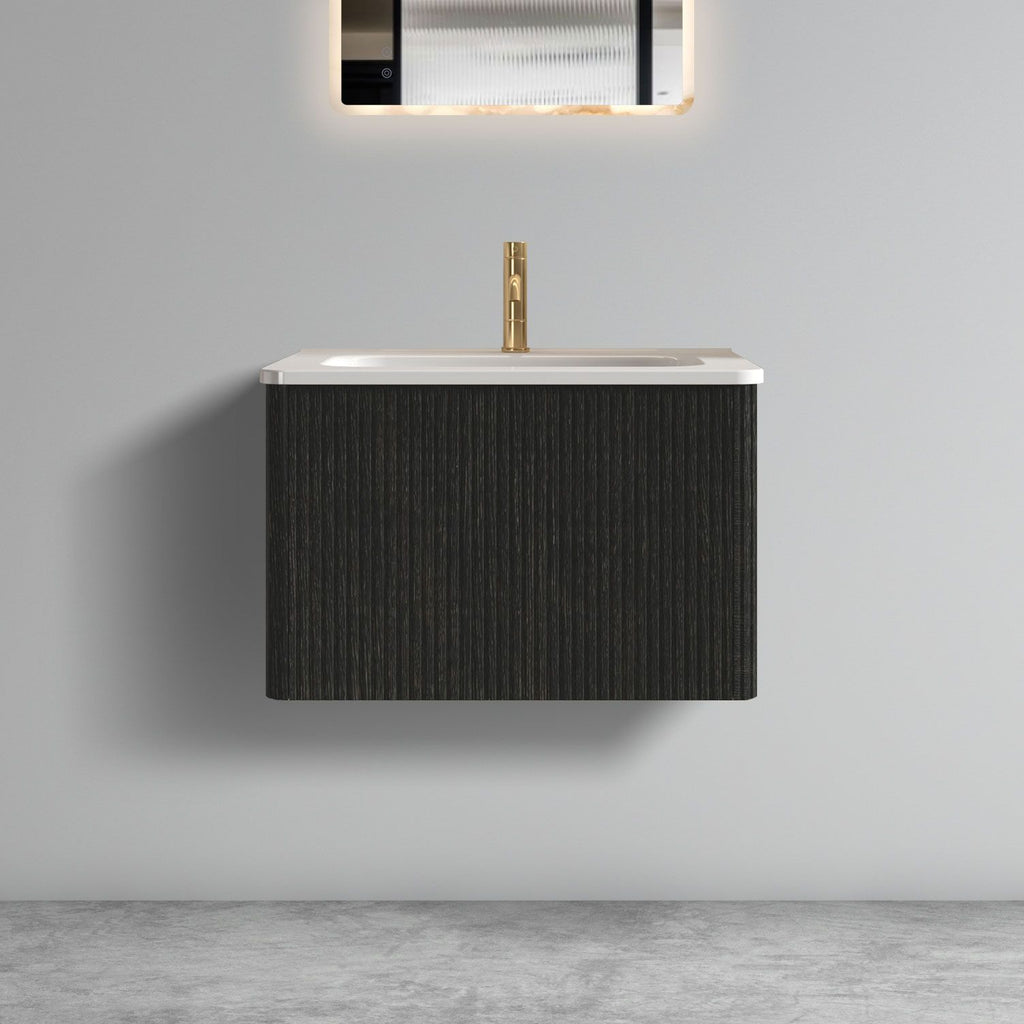 U056-Etna24W-308 Etna 24" Striped Brushed Black Oak Floating Bathroom Vanity with White Ceramic Sink, Bathroom Vanity for Modern Bathroom, One-Piece White Sink Basin without Drain, Pre-assembled