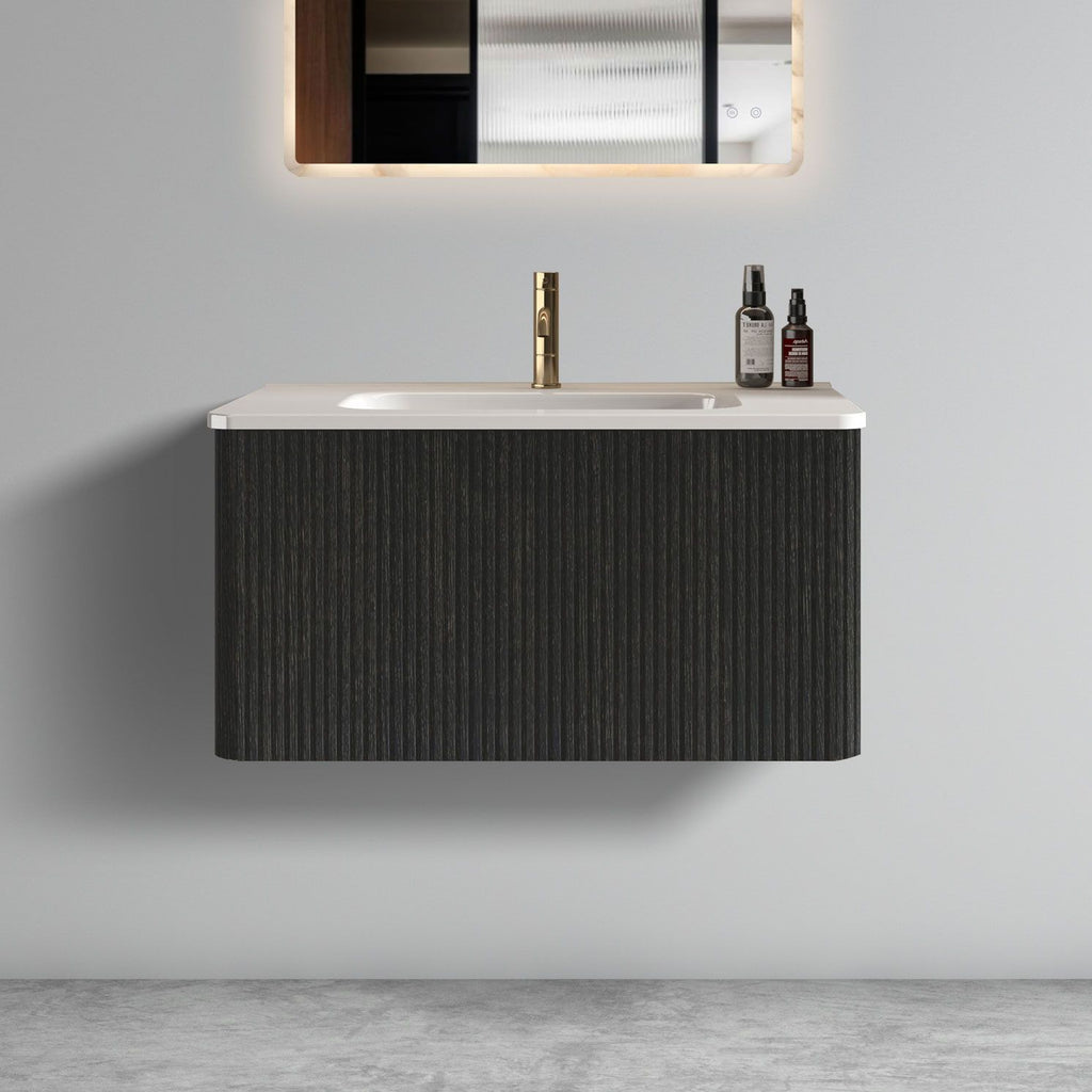 U057-Etna30W-308 Etna 30" Striped Brushed Black Oak Floating Bathroom Vanity with White Ceramic Sink, Bathroom Vanity for Modern Bathroom, One-Piece White Basin without Drain, Pre-assembled