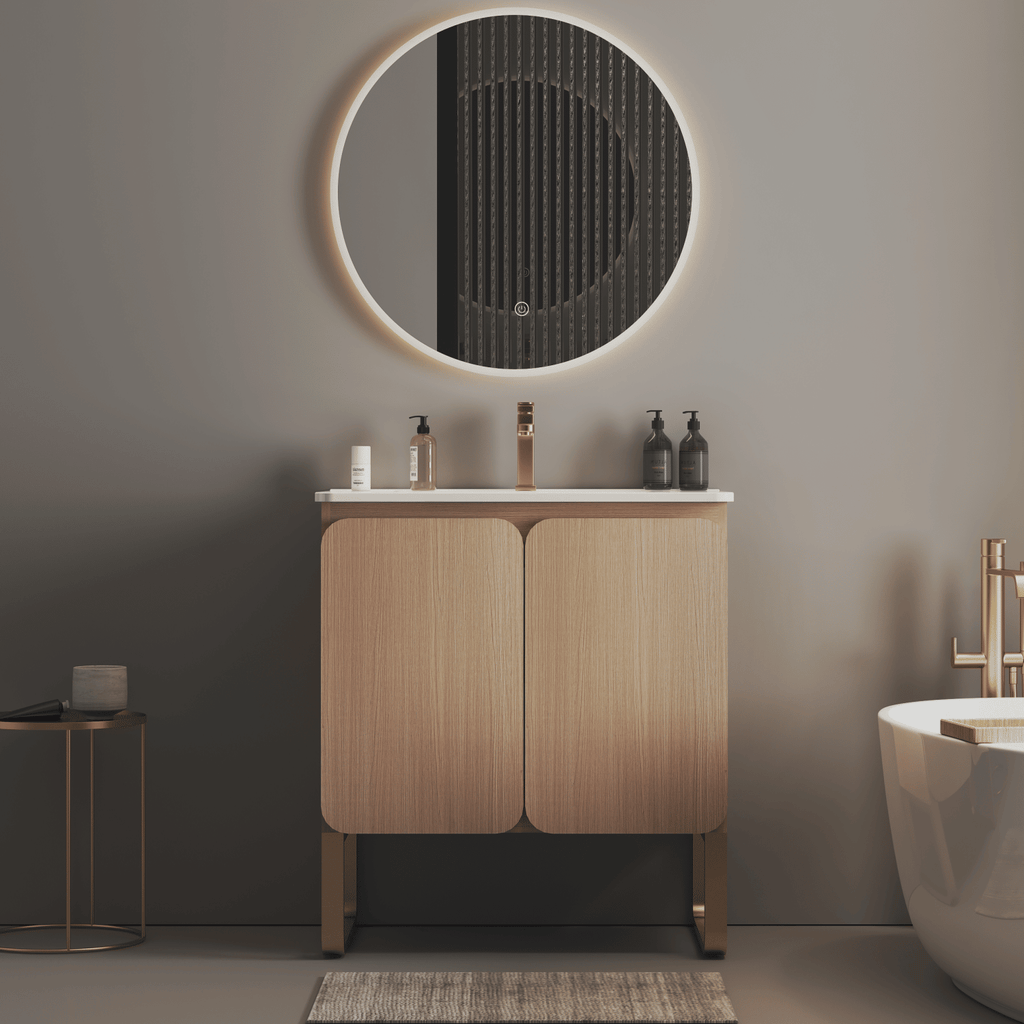 U093-Dalia30F-107 30" Freestanding & Wall Mounted Light Wood Bathroom Vanity with Ceramic Sink , Large Storage Vanity 2 Doors and Metal Support for Modern Bathrooms, KD