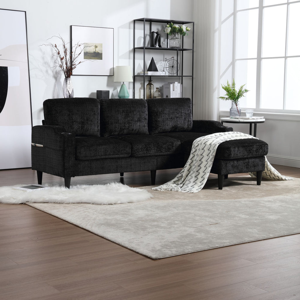 UNITED WE WIN Sofa for three, solid wood frame, Chenille fabric, side pocket, with two cup holders, footstool with storagestorage sofa /Living room sofa cozy sectional sofa