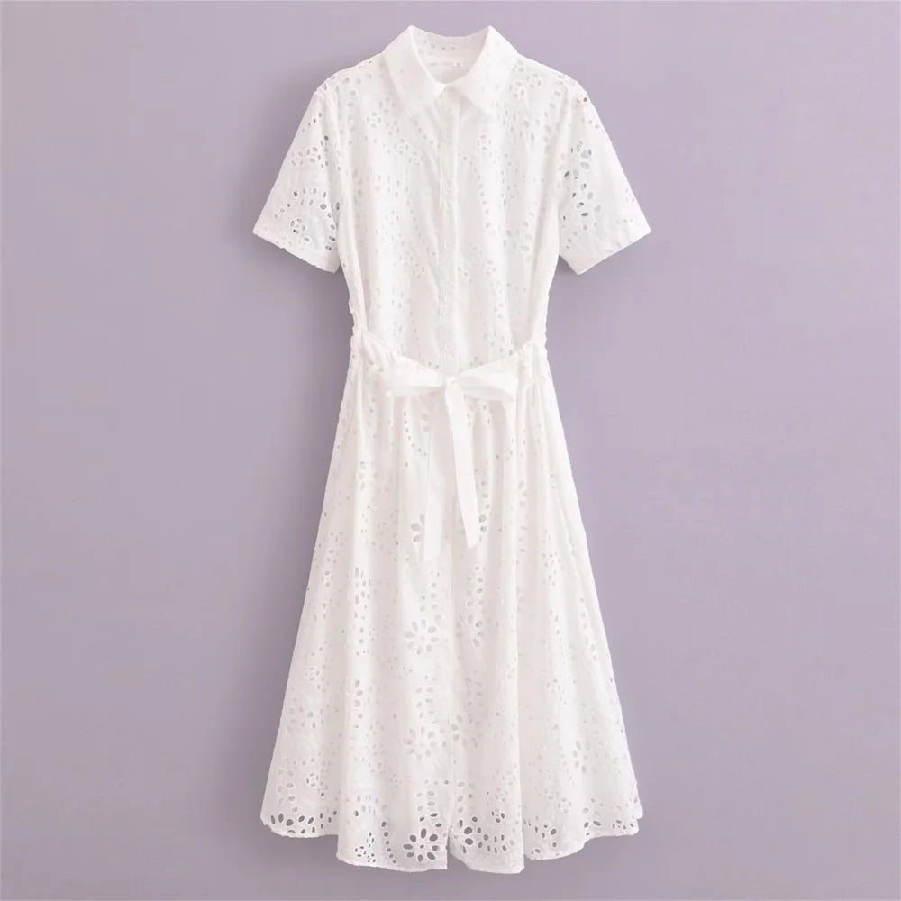 Casual Women's Hollow Embroidered Shirt Dress with Long and Short Sleeves for Summer Fashion
