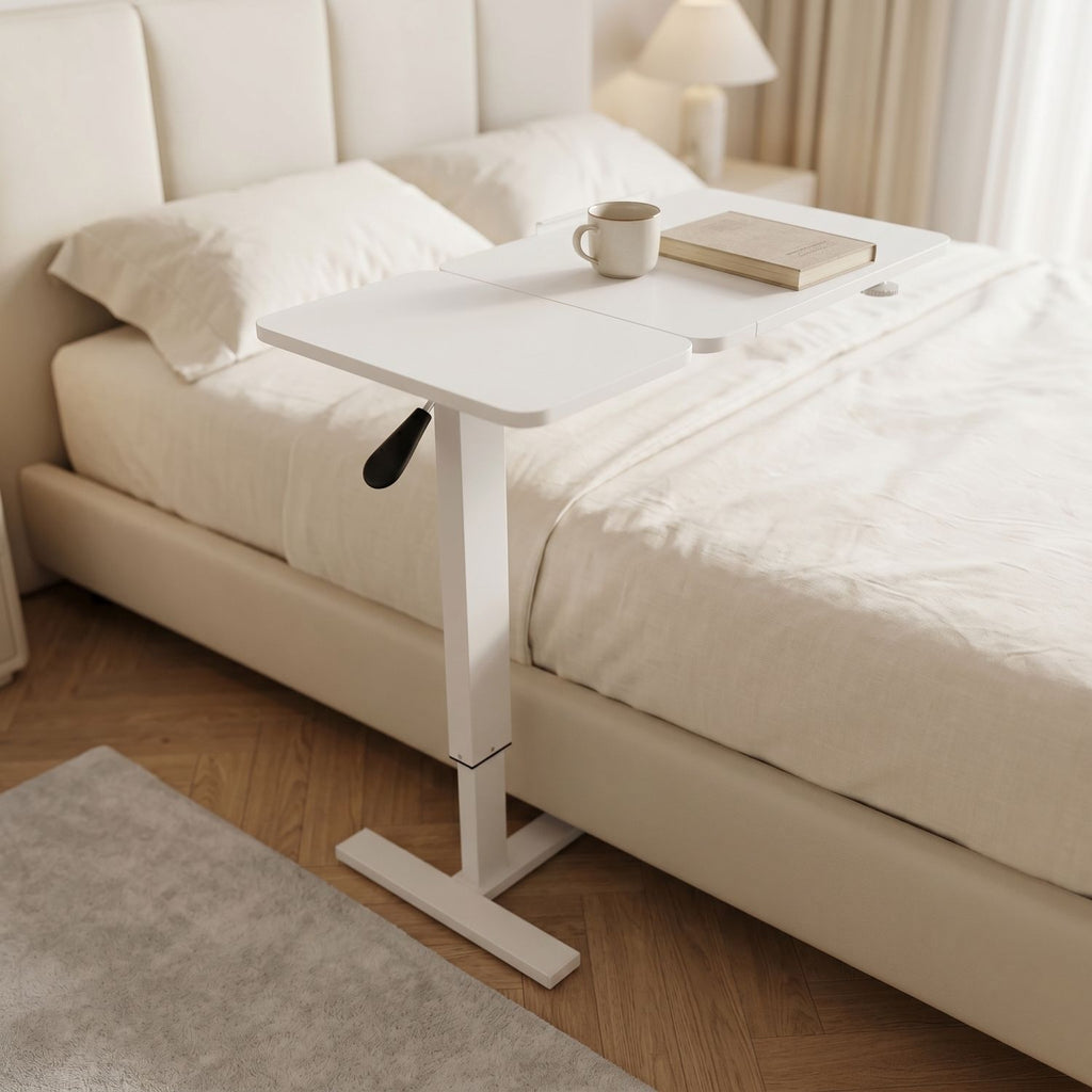 (UPGRADED) Overbed Bedside Desk, Mobile Rolling Laptop Stand Tilting Overbed Table with Wheels, Height Adjustable Tray Bedside Table for Laptop Bed Sofa, WHITE