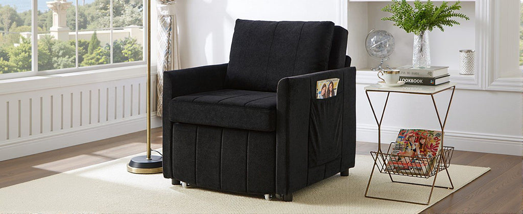 Upholstered Convertible Sleeper Sofa, 31.5" Pull Out Sofa Bed with 5-Position Adjustable Backrest, Side Pockets and a Storage Basket, Fold Out Chair Bed, Lounger For Living Room, Apartment, Black