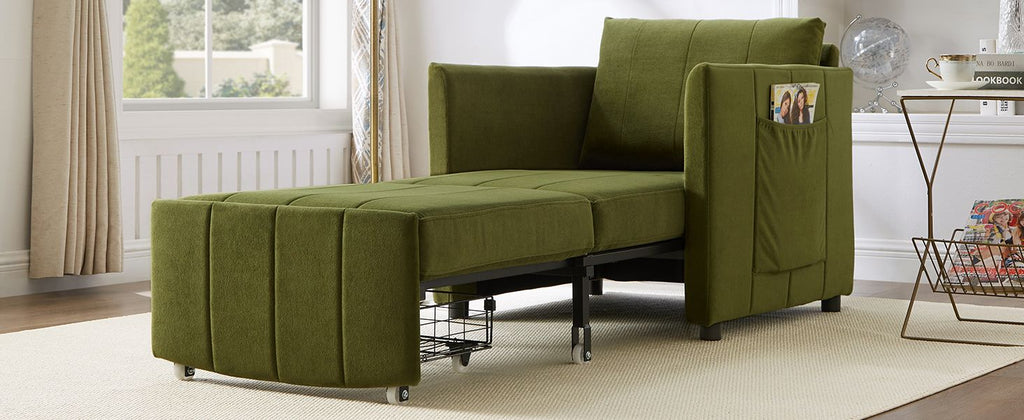Upholstered Convertible Sleeper Sofa, 31.5" Pull Out Sofa Bed with 5-Position Adjustable Backrest, Side Pockets and a Storage Basket, Fold Out Chair Bed, Lounger For Living Room, Apartment, Green